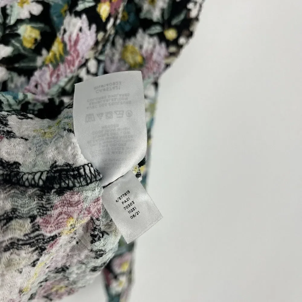 LOFT Top Size Medium Black Floral Shirred Puff Long Sleeve Shirt V Neck Stretch
